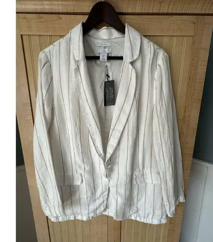 H by Halston NWT White Tan Womens Striped Linen Blazer Lagenlook Size Large