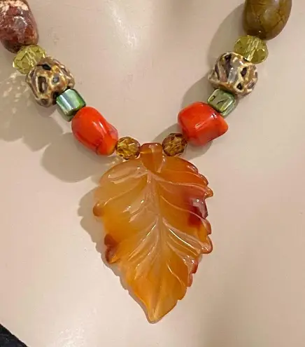 Handmade Carnelian Agate Gemstone Leaf Pendant Fall Theme Beaded Jewelry Set