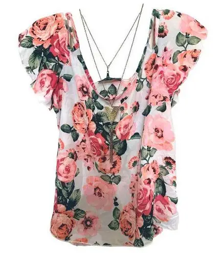 Say Anything Floral Print Off Shoulder Blouse With Necklace Size M