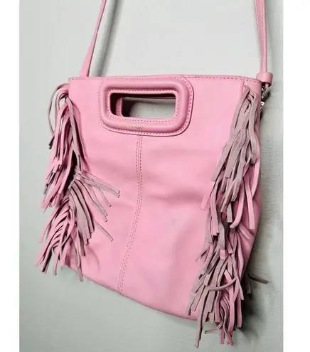 Maje Light Pink Smooth Leather Tassel Trimmed Magnetic Closure Clutch Bag Purse