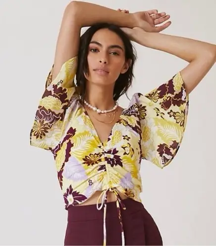 Maeve Anthropologie Purple and Yellow Floral Flutter Sleeve Cinched Top