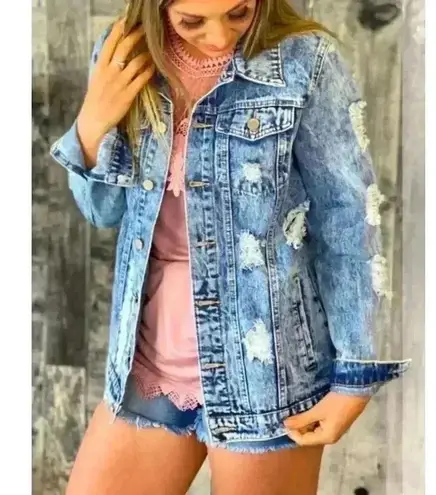 Fantastic Fawn Blue Fringed Western Distressed Denim Jacket Womens Size M