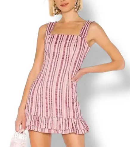 Alexis Brandy Dress Rose Stripe Mini Pink White Ruffle Hem Square Neck Cotton