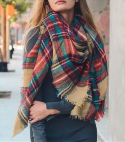 Tartan Plaid Red Tan & Green Oversized Square Blanket Scarf