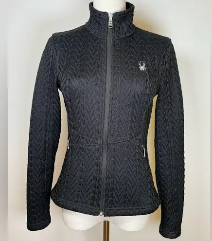 Spyder Black Cable Knit Full Zip Fleece Lined Sweater Jacket Women’s Size XS
