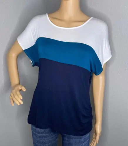 Love j Short Sleeve Color Block Striped Blouse Size Large Teal Navy Blue White
