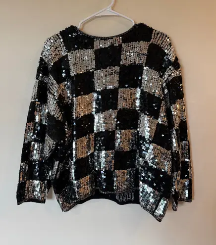 VTG Maurada Sequin Checkered Top Womens XL Black Silver Knit Glam Party Sweater
