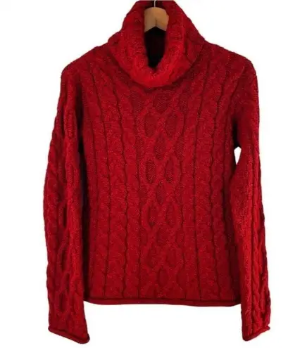 Inis Crafts Marled Red 100% Merino Wool Cable Knit Sweater Size Small