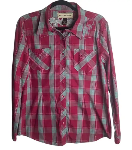 Bit and Bridle Women's Size L Pearl Snap Western Shirt Plaid Pink Embroidered Size L