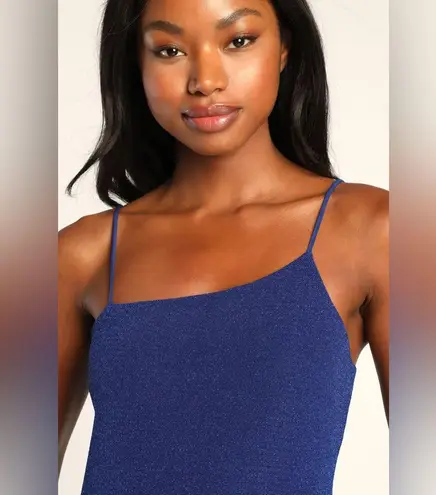 NWT Lulus Take Me Anywhere Cobalt Sparkly Asymmetrical
Bodycon Mini Dress L Blue Size L