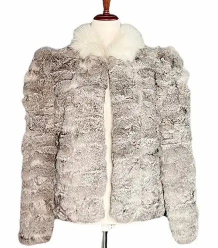 Vintage 80s Rabbit Fur Fox Tail Short Jacket Coat Made in Hong Kong Size Medium Gray