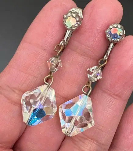 Vintage Unsigned Laguna Faceted AB Crystal Aurora Borealis Drop Earrings 10g White