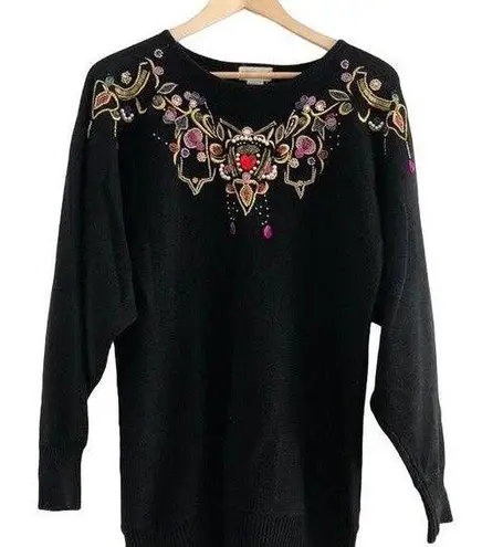 Vintage Bejeweled Sweater Grannycore Medium Black
