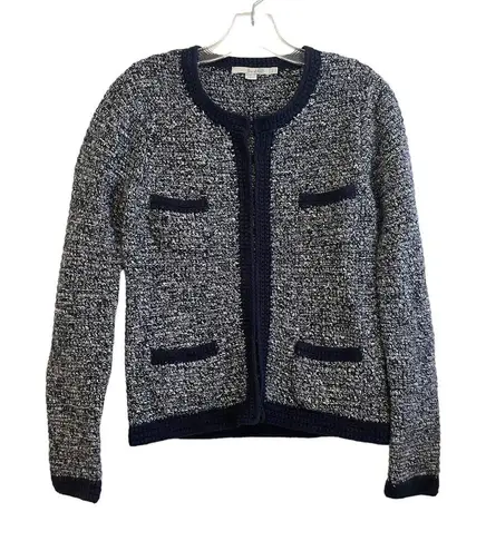 Boden Cotton Heavyknit Marled Textured Cropped Jacket Size 6 Navy Blue White