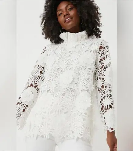 Tuckernuck White Guipure Lace Faye Blouse Ruffle Collar Bow Preppy Womens XS