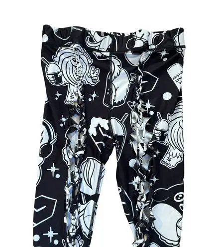 FUTURE FANTASY DELIGHT Slit Weave Graphic Leggings Streetwear Rave Festival Sz M Black Size M