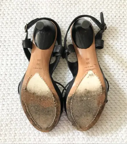 CNC Costume National Black Leather Strappy Thong Curve Heel Platform Pumps 38 Size 7