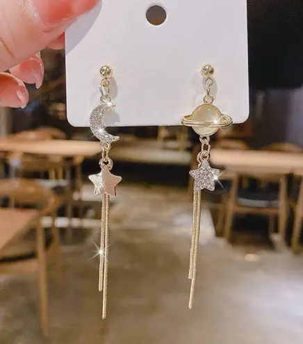 Moon Planet Long Tassel Dangle Drop Earrings for Women Gold