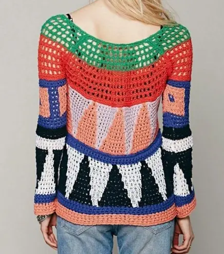 Free People  Modern Art Geo Crochet Open Knit Flared Bell Sleeves Sweater Top