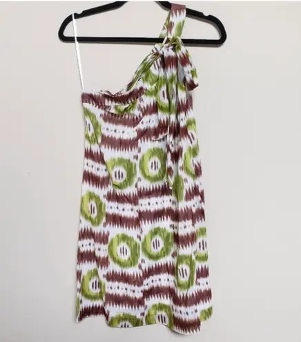 Trina Turk brown & green ikat one shoulder shift dress -0 