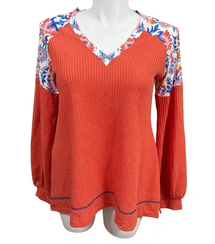 Southern Stitch Orange Waffle Knit Floral Patchwork Long Sleeve Top Size L