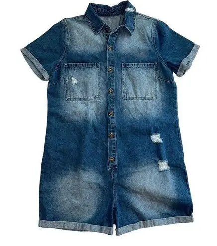 Big star Maddie Denim Shorts Romper Button Up One Piece Distressed Size L NWT