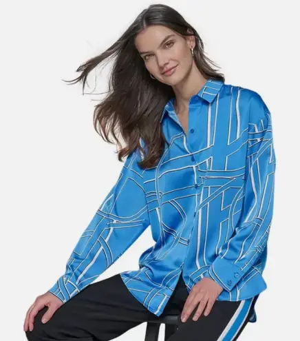 Karl Lagerfeld NWT PARIS Women's Long Sleeve Printed Tunic Blouse French Blue XL