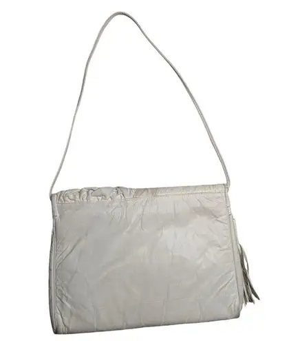 Vtg 1980s White Patchwork Leather Top Flap Tassel Trim Envelope Shoulder Bag