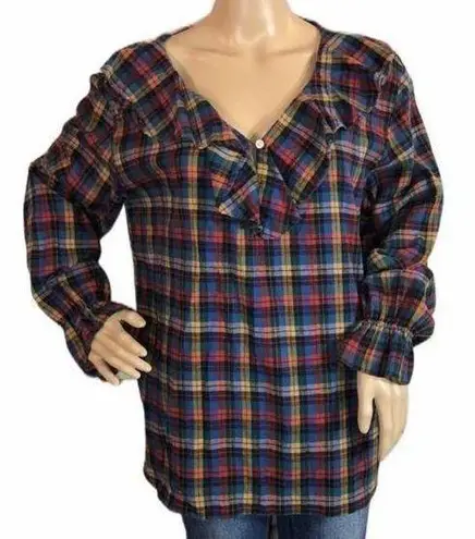 Vintage Trends Ruffled Collar Plaid Flannel Top L Size L