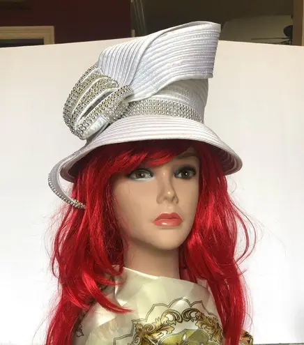 VTG Satin Braided Bucket Hat with Elegant Cascading Rhinestones White Silver 80s