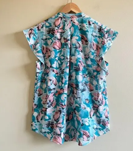 Rebecca Taylor Blue Aloha Teal Pink Floral 100% Silk Top Women Size 4 Cap Sleeve