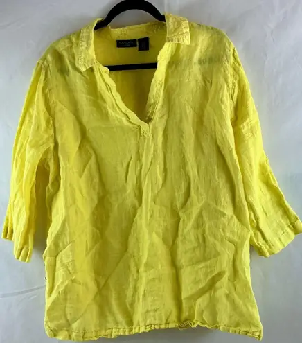 Tahari Linen Top Blouse Button Detail 3/4 Sleeve Yellow Womens 1X
