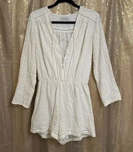 WAYF White Long Sleeve Lattice Trim Floral Eyelet Shorts Romper Small