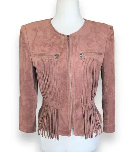 BCBG Max Azria Reiss Vegan Suede Leather Jacket Fringe Accents Toffee Brown