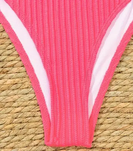 Rib Knit V Wired Plain 2 Piece Set Bikini Pink