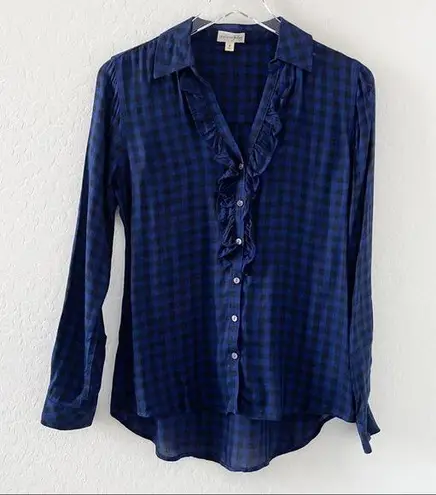 Maison Jules  Royal Cobalt Blue Buffalo Plaid Ruffle Button Down S