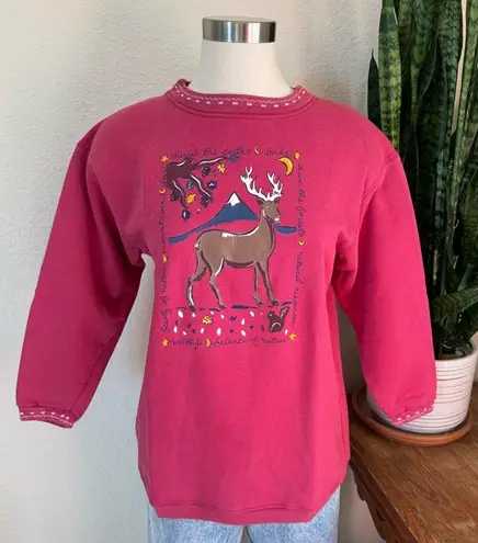 Vintage Lands’ End Deer Nature Crewneck Sweatshirt Cotton Blend L 90s Outdoors Pink Size L