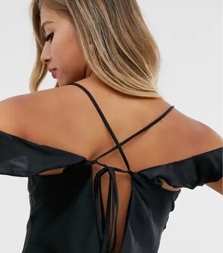 Free People | What I Want Black Satin Off-the-Shoulder Slip Dress