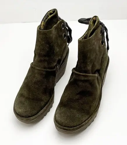 Fly London Yama Olive Green Suede Back Lace Platform Wedge Ankle Booties 5.5/6