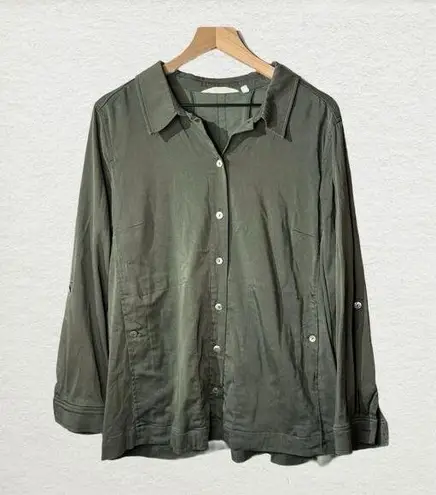 Soft Surroundings Green Tencel Cotton blend Roll Tab Sleeves Button Down Top XL