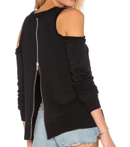 Central Park West New Distressed Cold Shoulder Zip Back Los Feliz Sweatshirt Black