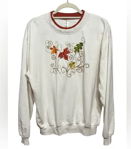 🍂 Cozy Fall Multicolor Leaf Embroidered Sweatshirt with Bead Embellishments 🍁 L White Size L