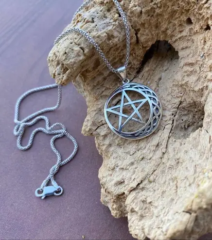 Crescent Celtic Moon And Star Sterling Silver Necklace Popcorn Chain