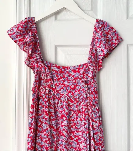 ZARA  Red Blue Floral Ruffle Shoulder Crepe Midi Tunic Prairie Dress Medium