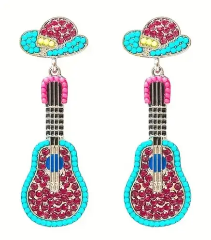 Guitar Earrings Beaded Rhinestone Dangle Drop Western Cowboy Hat New Pink
