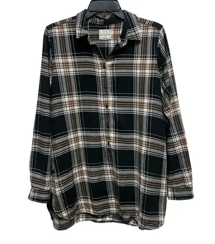 Fat Face Plaid Tunic Top Button Up Long Sleeve Relaxed Fit Black Brown 10