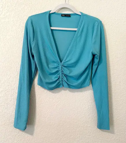 ZARA Aqua Turquoise Ribbed Knit Ruched Button Front Cropped Cardigan Size M