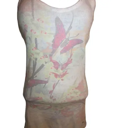 None White Racerback Tank Top With Butterflier Women's Size M