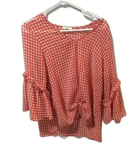 Pleione Large L tie front red checked sheer top ruffled long sleeve womens