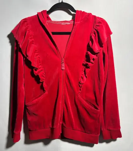 Red Velvet Ruffled Hooded Track Jacket Pockets Cotton Blnd Holiday Boho Casual M Size 14